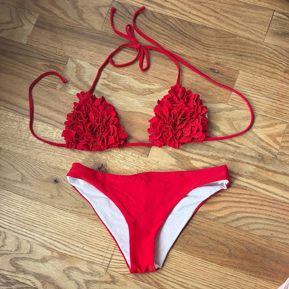 Red Embellished Floral Flower Petal String Bikini Set Size Small